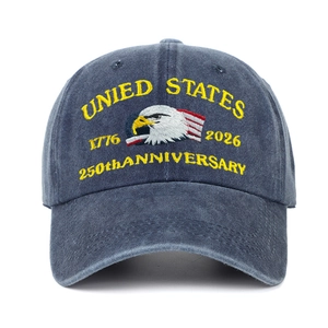 Detailed embroidery of 250th Anniversary eagle on blue vintage washed baseball hat