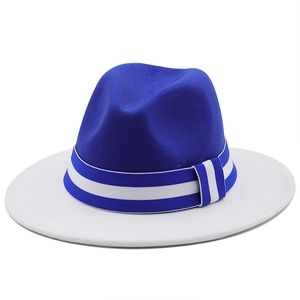 Detail of royal blue and white color-block fedora with striped ribbon band decoration