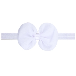 Detail of white newborn headband featuring a large chiffon bow and textured elastic band