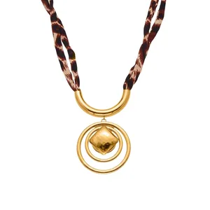 Detail of leopard print silk scarf necklace with stainless steel geometric pendant size specs