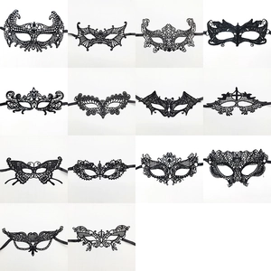 Assortment of 14 elegant black lace masquerade masks for Halloween or themed parties