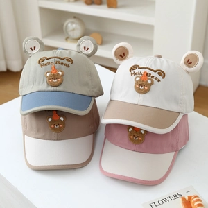 Kids Cotton Baseball Cap With 3D Bear Ears Hello Bear Embroidery Adjustable Sun Shade Hat For Toddler Boys Girls