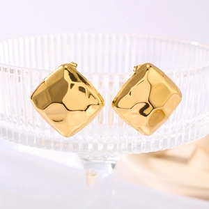 Minimalist square stainless steel stud earrings with golden hammered texture