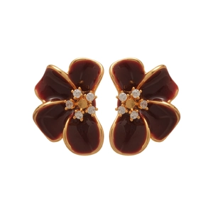 18K gold plated flower earrings with wine red enamel petals and cubic zirconia