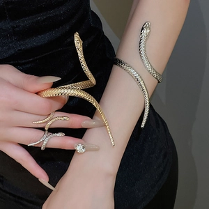 Detail showing gold and silver snake bracelet and ring set on model with a sleek finish