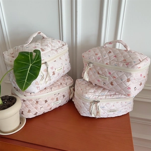Detail of pink quilted toiletry bags with cute bear prints and double zipper handles