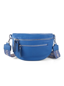 Deep blue lychee leather crossbody bag with geometric woven strap and silver zippers