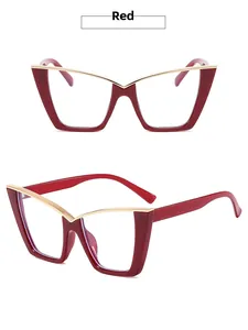 Detail view of wine red cat eye glasses frame with elegant gold metal bridge