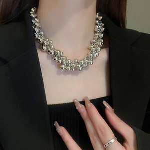 Silver metallic ball bead choker necklace in geometric grape cluster style for women