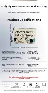 Linen makeup bag detail showing 17x25cm dimensions and laundry care instructions