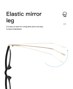 Detail of flexible gold metal temples on black cat-eye glasses showing elastic range
