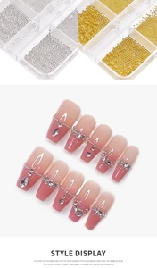 Detailed view of mini metallic nail caviar beads in gold and silver with rhinestones