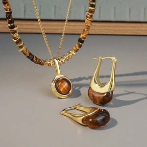 French vintage tiger eye beaded necklace with round crystal pendant and earring set