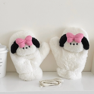 Close-up of thick white plush mittens featuring black ears, pink bow, and a neck strap