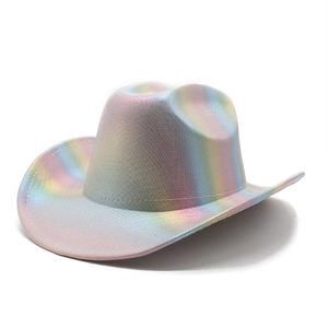 Detailed view of iridescent rainbow cowboy hat with metallic texture and curved brim