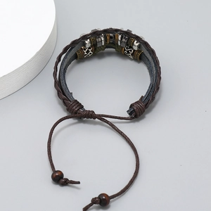 Handmade multilayer leather bracelet with star beads and adjustable cord in vintage style