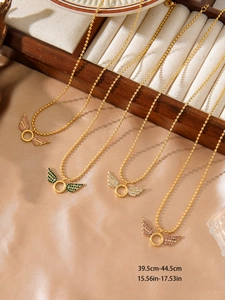 Detailed display of four angel wing pendants in pink green white and purple with size info