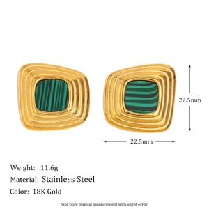 French vintage 18K gold plated square stainless steel earrings with green agate inlays