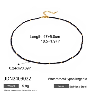 Detailed size specifications for the black bead necklace with gold stainless steel chain