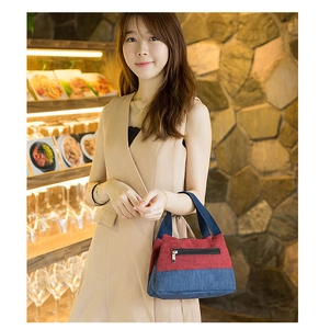 Detail of red and blue canvas lunch bag with front zipper held by a female model