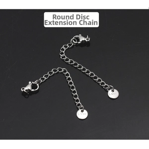 Detail view of stainless steel extension chains with round tags and lobster clasps