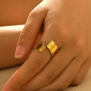 18K gold plated stainless steel ring with hammered texture and adjustable open band