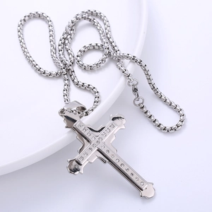 Silver stainless steel double layer cross pendant necklace with sparkling rhinestones