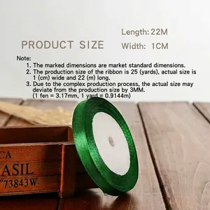 Green 1cm silk satin ribbon 22m roll for gift wrapping and floral bow decoration