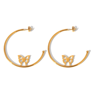Macro shot of polished gold-finished butterfly cutout hoops in stainless steel