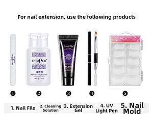Professional 5-piece nail extension kit including poly gel, slip solution and dual-end brush