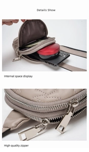 Detail of taupe quilted belt bag showing internal storage capacity and metal zippers