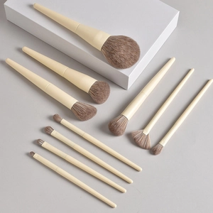 Flat lay of 11 professional makeup brushes with beige handles and brown bristles