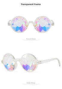 Macro shot of kaleidoscope glasses with faceted rainbow lenses and clear vintage frames