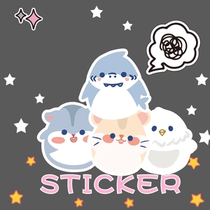 Detail of cute stacked animal stickers featuring a shark, hamsters, and a bird for kids