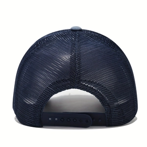 Rear view of navy blue trucker hat with breathable mesh and adjustable snapback closure