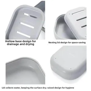 Close-up of gray draining soap dish with hollow tray and interlocking water collection lid