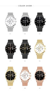 Nine variations of men's quartz watches with mesh bands and multi-dial faces in 3x3 grid