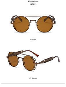 Detail of steampunk metal sunglasses with spring legs and brown lenses shown in two angles