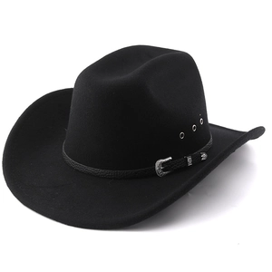 Classic black wool felt western cowboy hat with metal buckle and breathable holes