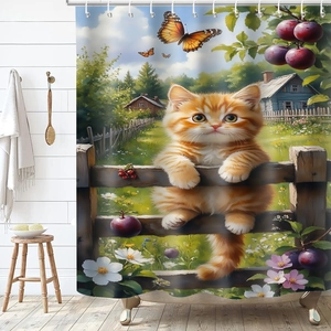 Detail of waterproof bathroom curtain featuring a high-definition cat illustration