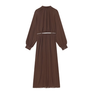 Deep brown long sleeve pleated midi dress with high waist and adjustable belt