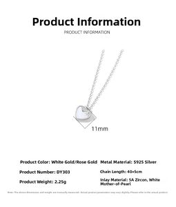 Detailansicht der S925 Silber Herzkette mit 11mm Perlmutt Anhänger und Maßen