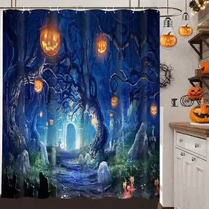 Halloween Duschvorhang Wasserdicht Polyester Grusel Kürbis Schloss Friedhof Badezimmer Dekor Mit Haken