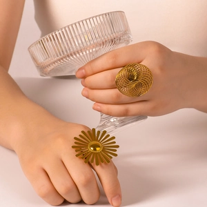 Vintage gold sunflower and spiral statement rings set in stainless steel for women