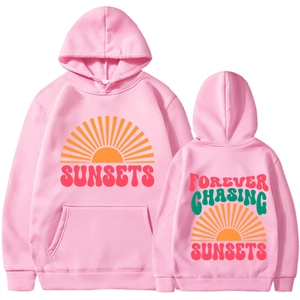 Sweat à capuche rose avec motif coucher de soleil, vues avant et arrière sur fond blanc