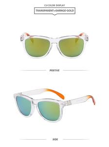Detail view of square sunglasses with transparent frames and orange-gold coated lenses