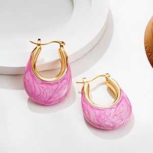 French style gold U-shaped hoop earrings with pink marble enamel inlay for women
