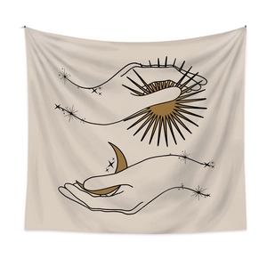 Bohemian tapestry with celestial moon and sun graphics on beige fabric for wall decor