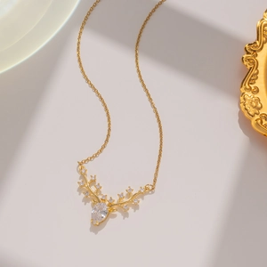 Elk Antler Pendant Necklace Stainless Steel Gold Tone Cubic Zirconia Deer Horn Clavicle Chain Minimalist Jewelry For Women