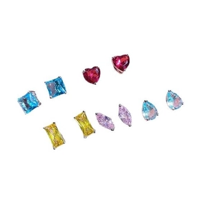 Five pairs of colorful zircon stud earrings in heart, square, and marquise shapes